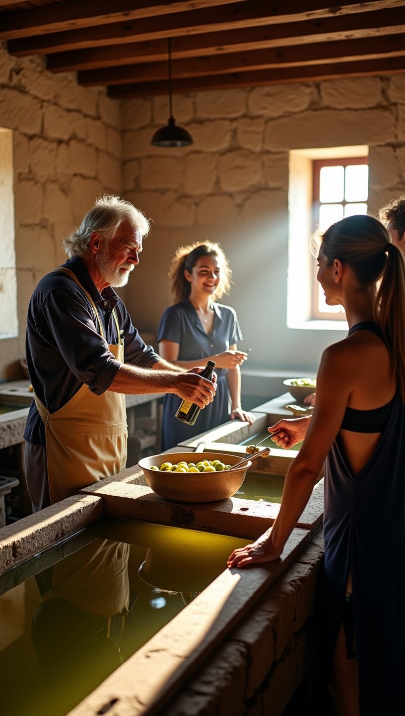 Εξαιρετικό παρθένο ελαιόλαδο που ρέει από ελιές σε αθλητική ατμόσφαιρα